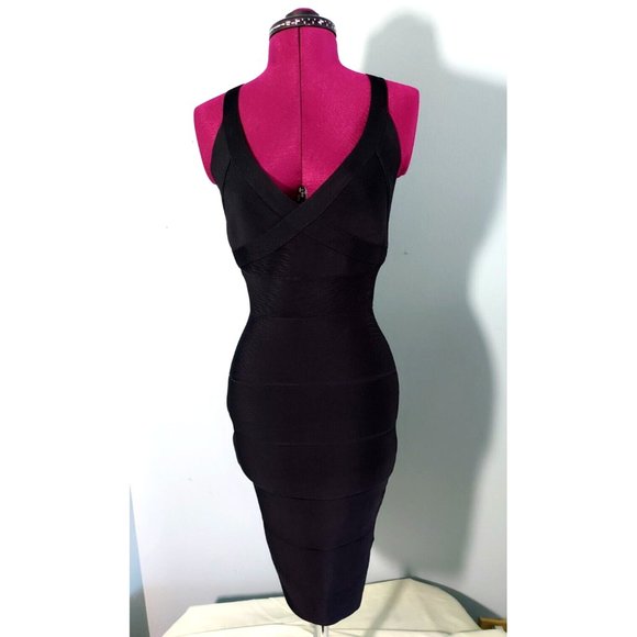 Herve Leger Halter V Neck Bandage Black Dress Bodycon Size: SPNew